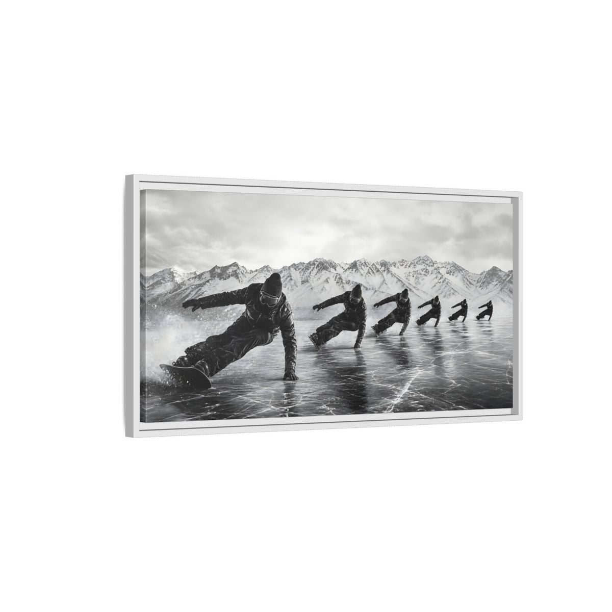 Side Mockup 1. Sports Ice Skaters Black And White Winter shown as framed canvas print