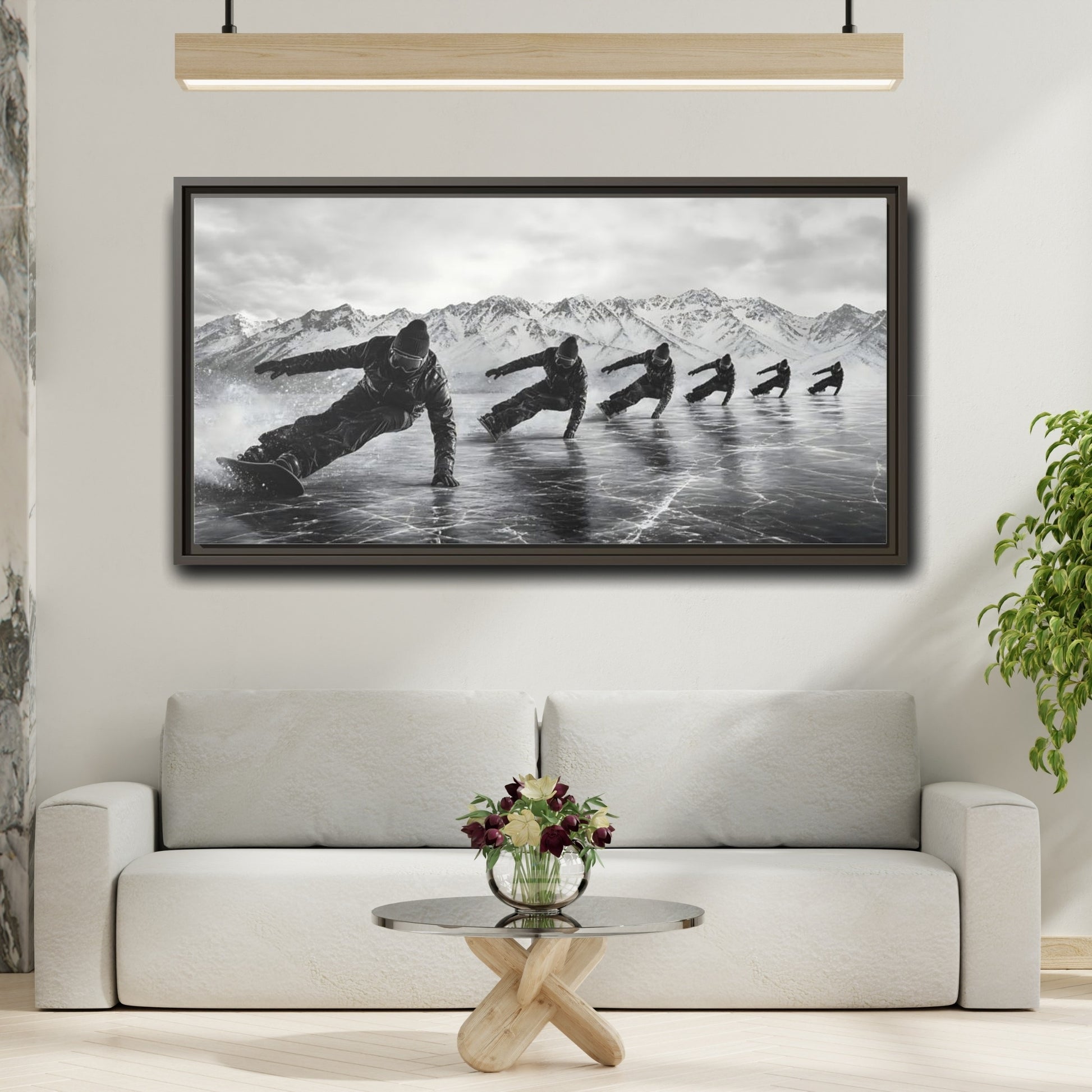 Mockup 2. Sports Ice Skaters Black And White Winter shown as framed canvas print