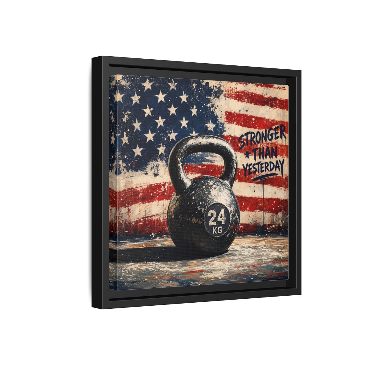 Side Mockup 18. Sports Kettlebell Kettlebell American Flag shown as framed canvas print