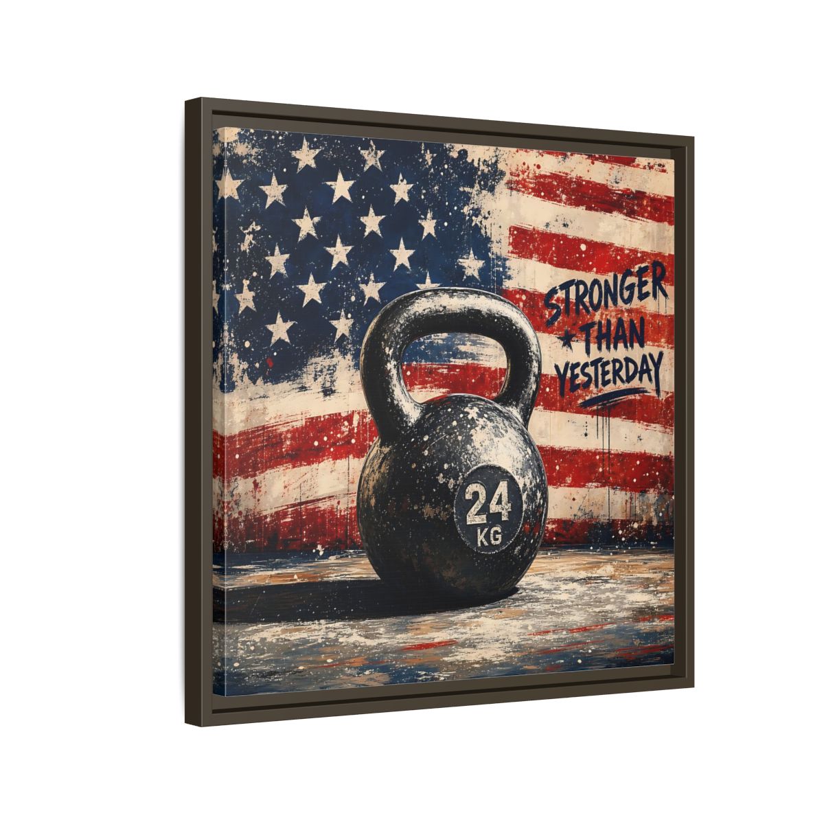 Side Mockup 11. Sports Kettlebell Kettlebell American Flag shown as framed canvas print