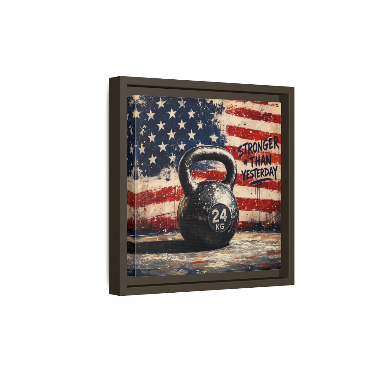 Side Mockup 20. Sports Kettlebell Kettlebell American Flag shown as framed canvas print