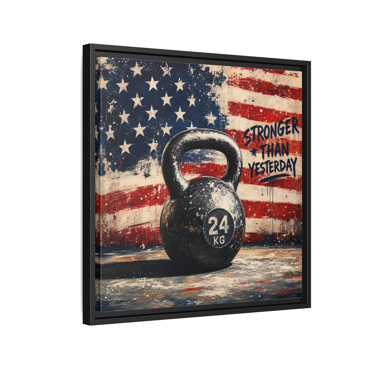 Side Mockup 12. Sports Kettlebell Kettlebell American Flag shown as framed canvas print