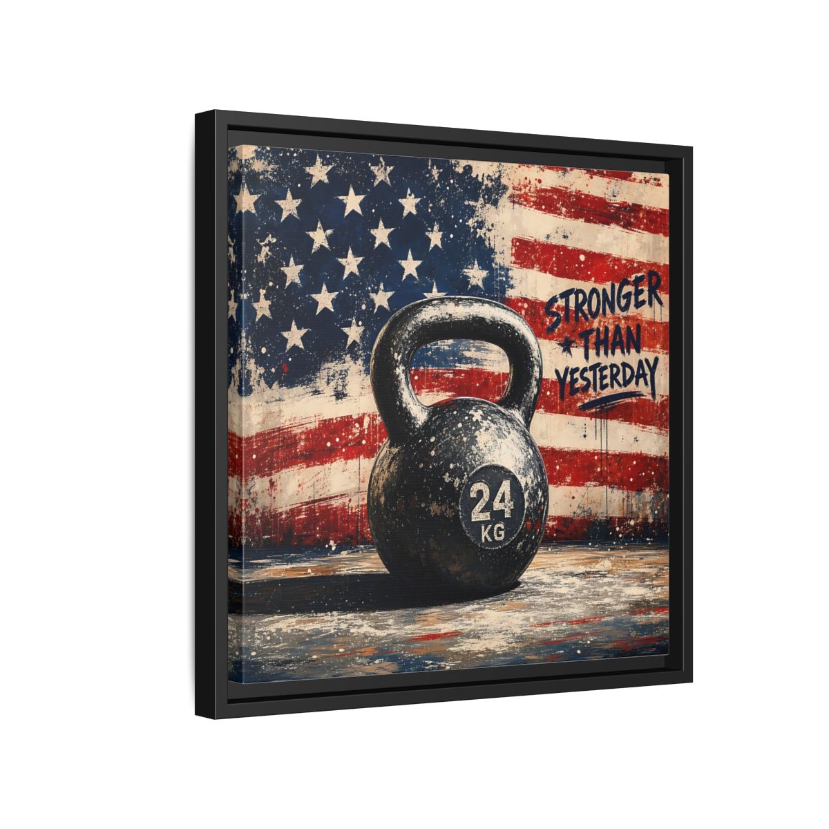 Side Mockup 15. Sports Kettlebell Kettlebell American Flag shown as framed canvas print