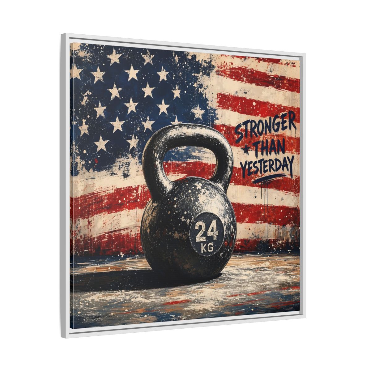 Side Mockup 25. Sports Kettlebell Kettlebell American Flag shown as framed canvas print