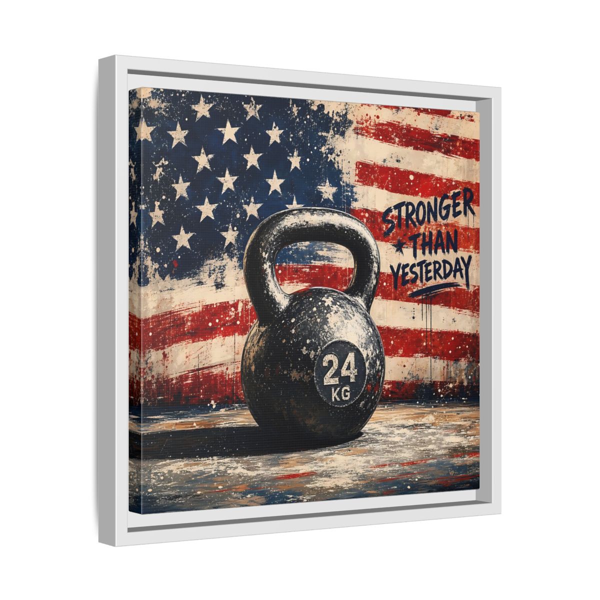 Side Mockup 28. Sports Kettlebell Kettlebell American Flag shown as framed canvas print