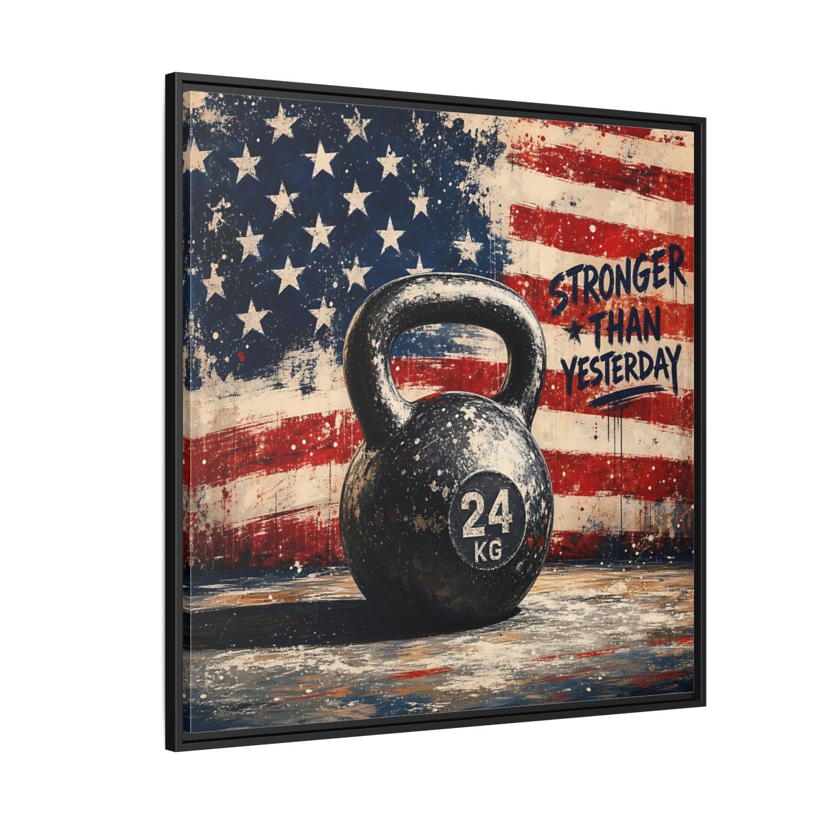 Side Mockup 6. Sports Kettlebell Kettlebell American Flag shown as framed canvas print