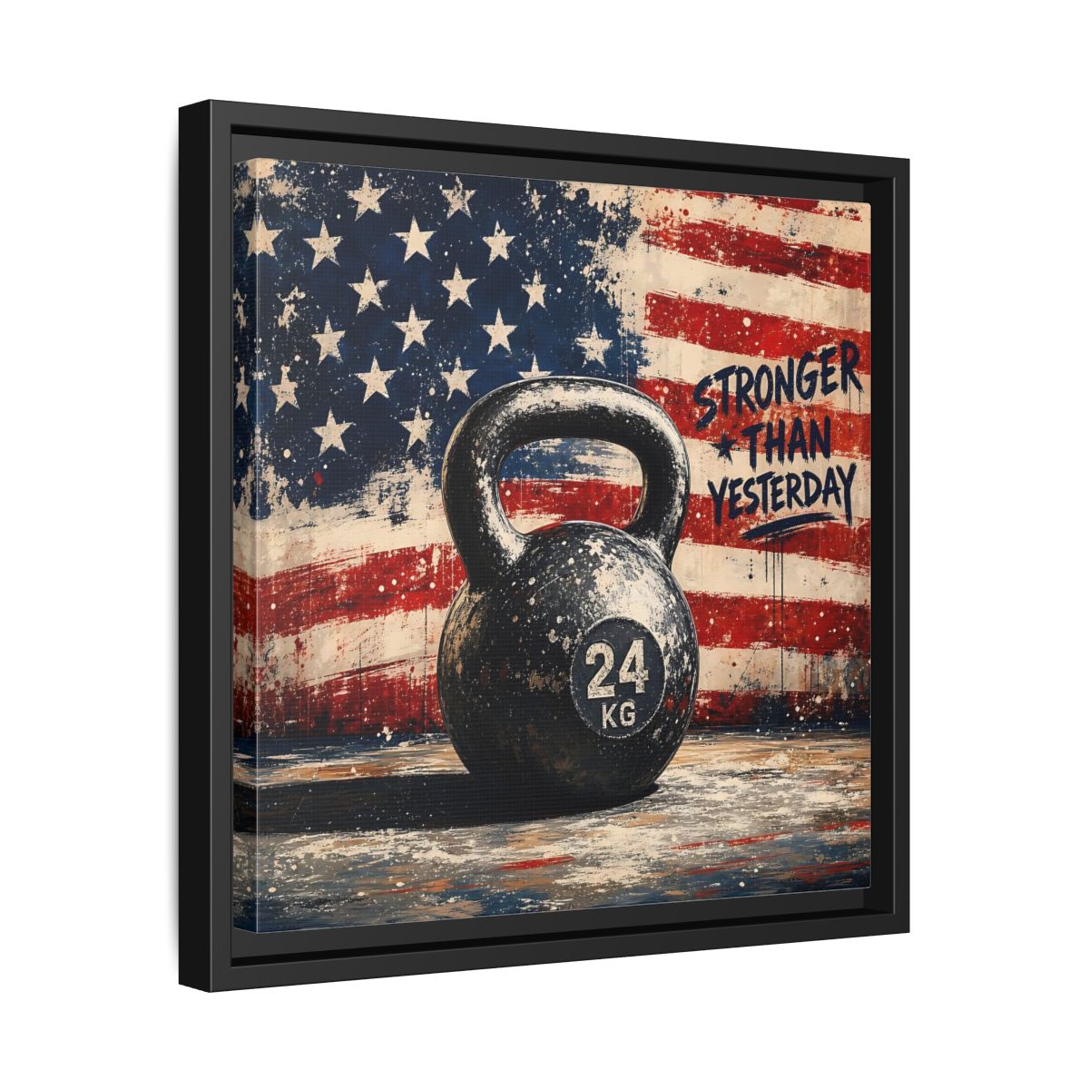 Side Mockup 32. Sports Kettlebell Kettlebell American Flag shown as framed canvas print