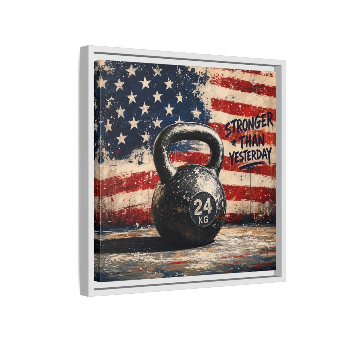 Side Mockup 13. Sports Kettlebell Kettlebell American Flag shown as framed canvas print
