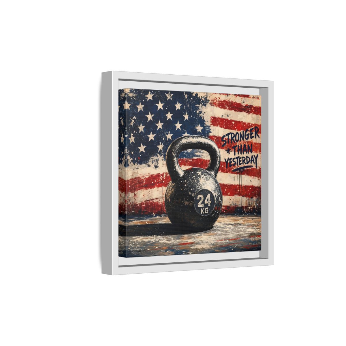 Side Mockup 19. Sports Kettlebell Kettlebell American Flag shown as framed canvas print