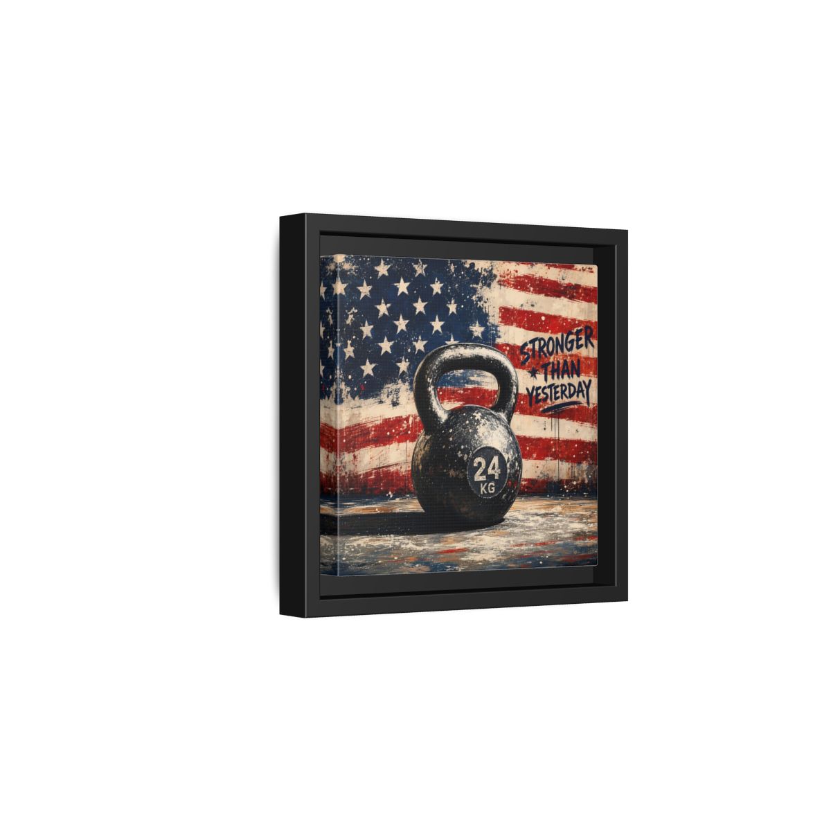 Side Mockup 3. Sports Kettlebell Kettlebell American Flag shown as framed canvas print