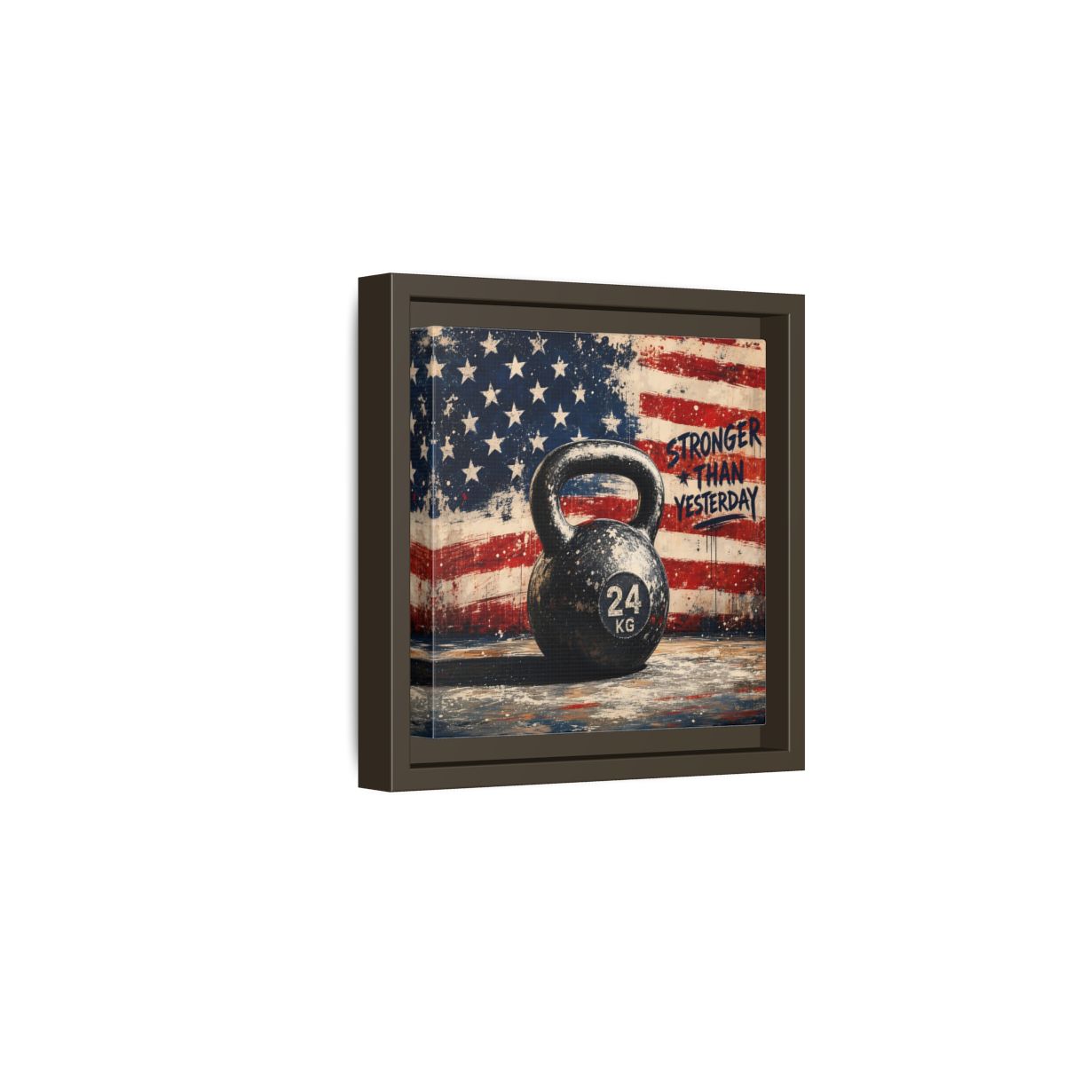 Side Mockup 2. Sports Kettlebell Kettlebell American Flag shown as framed canvas print