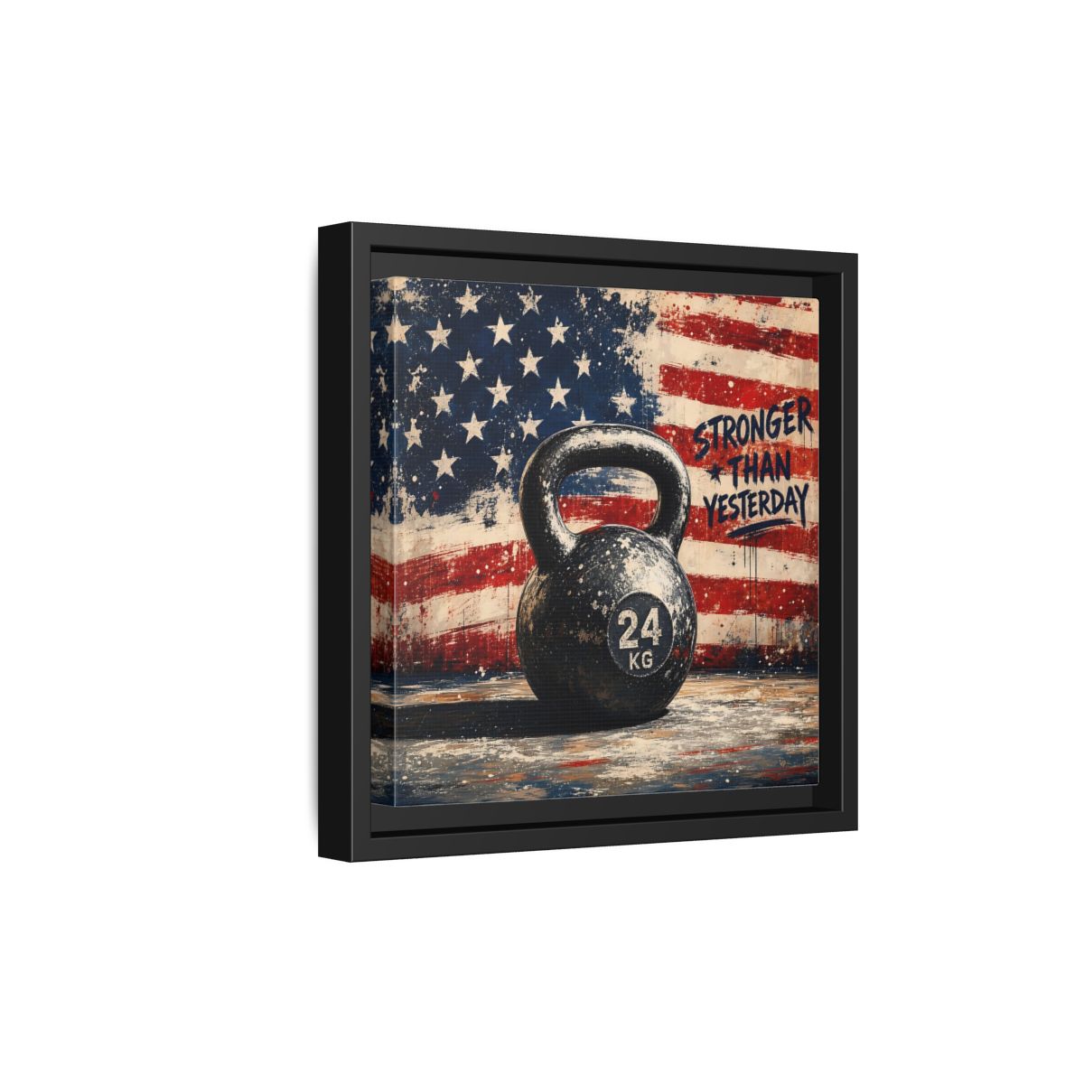 Side Mockup 21. Sports Kettlebell Kettlebell American Flag shown as framed canvas print