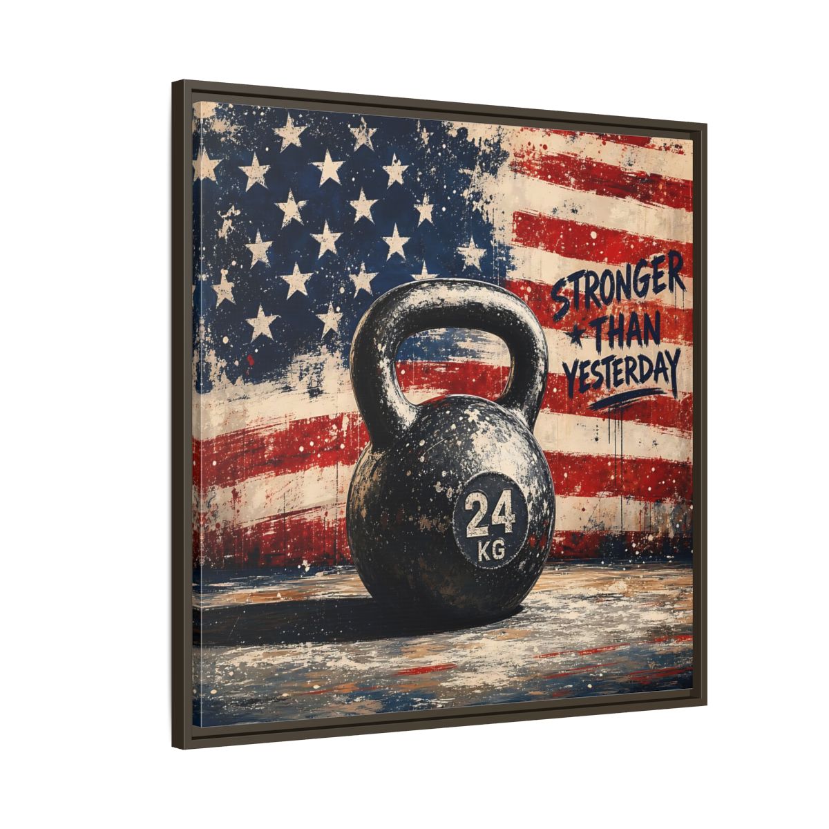 Side Mockup 8. Sports Kettlebell Kettlebell American Flag shown as framed canvas print