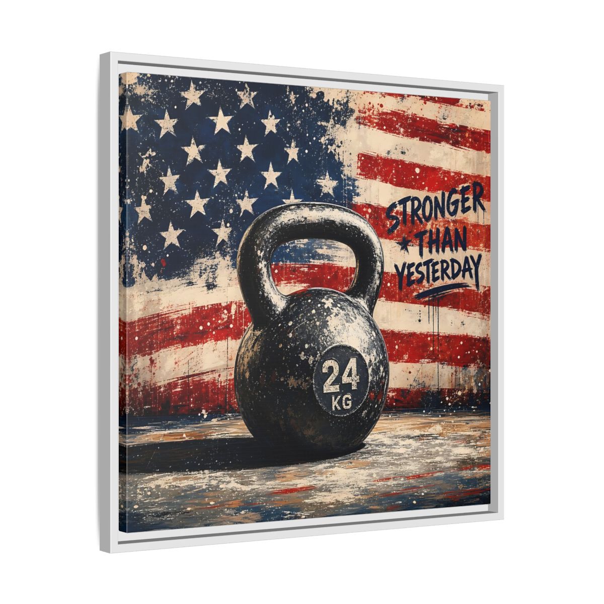 Side Mockup 26. Sports Kettlebell Kettlebell American Flag shown as framed canvas print