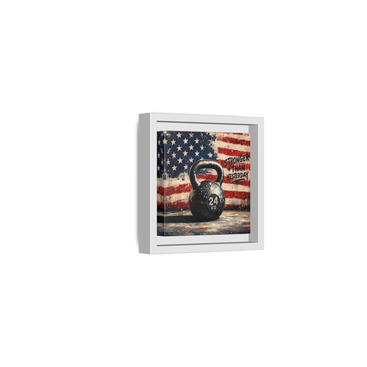 Side Mockup 22. Sports Kettlebell Kettlebell American Flag shown as framed canvas print