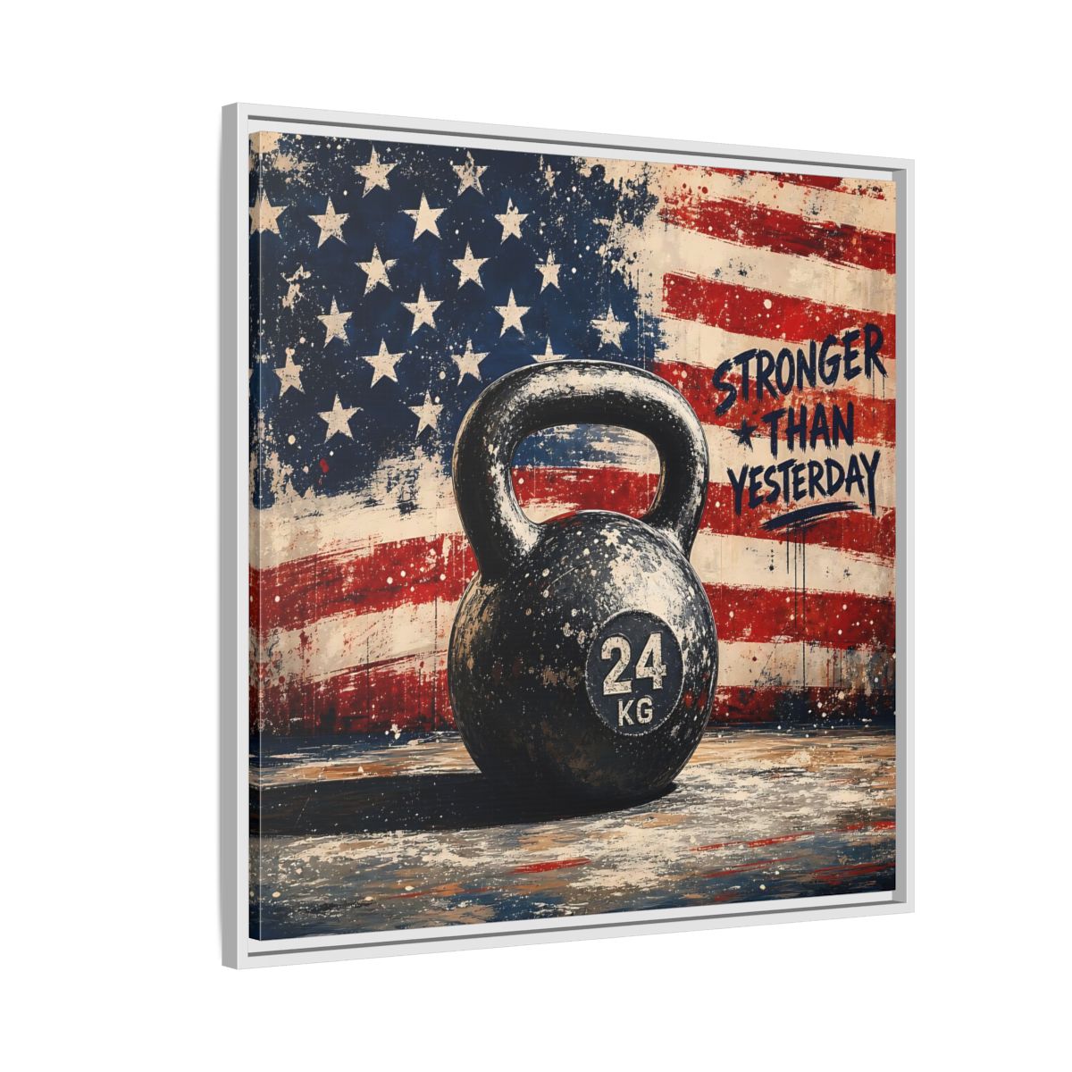 Side Mockup 7. Sports Kettlebell Kettlebell American Flag shown as framed canvas print