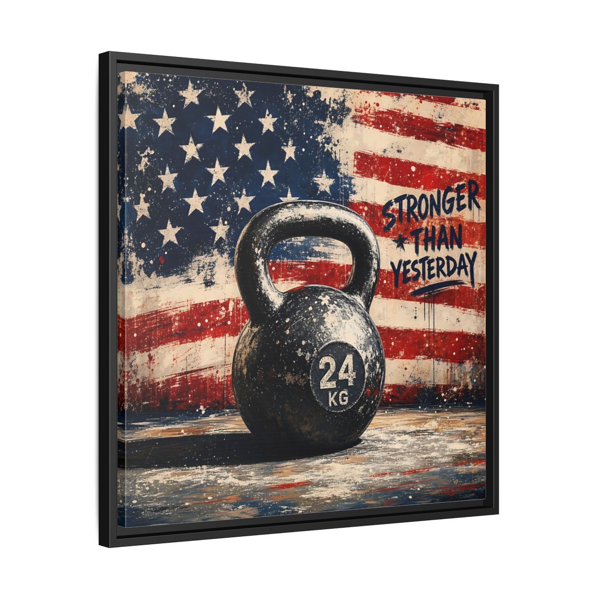 Side Mockup 31. Sports Kettlebell Kettlebell American Flag shown as framed canvas print