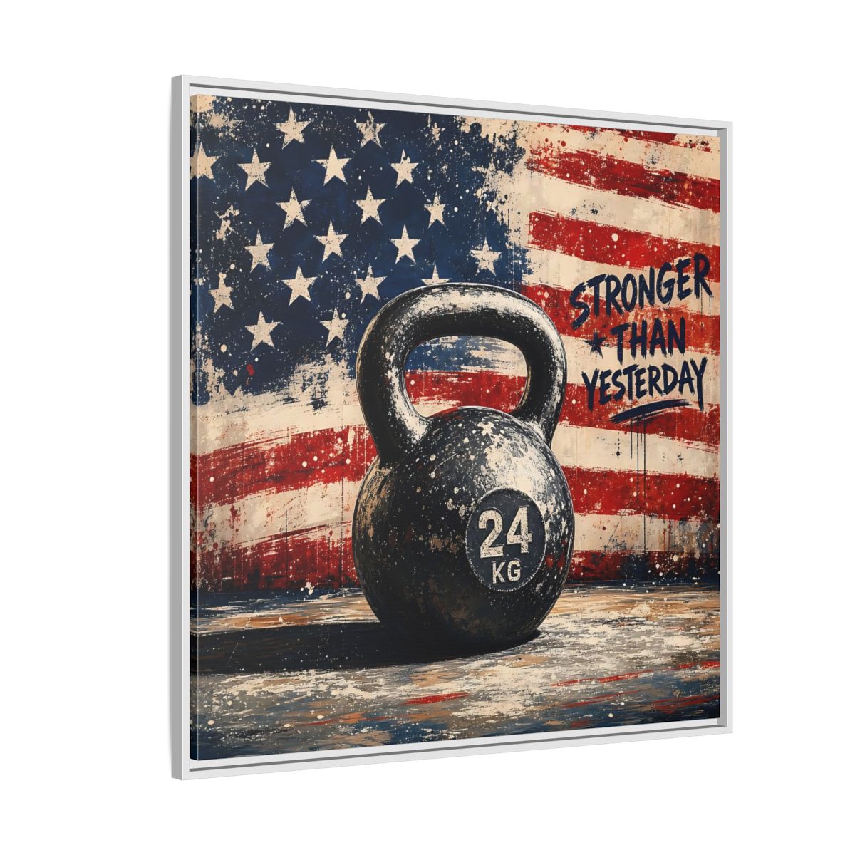 Side Mockup 4. Sports Kettlebell Kettlebell American Flag shown as framed canvas print
