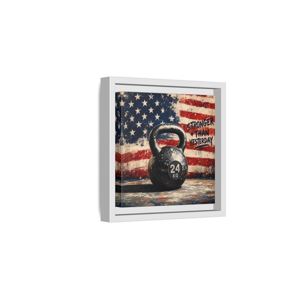 Side Mockup 1. Sports Kettlebell Kettlebell American Flag shown as framed canvas print