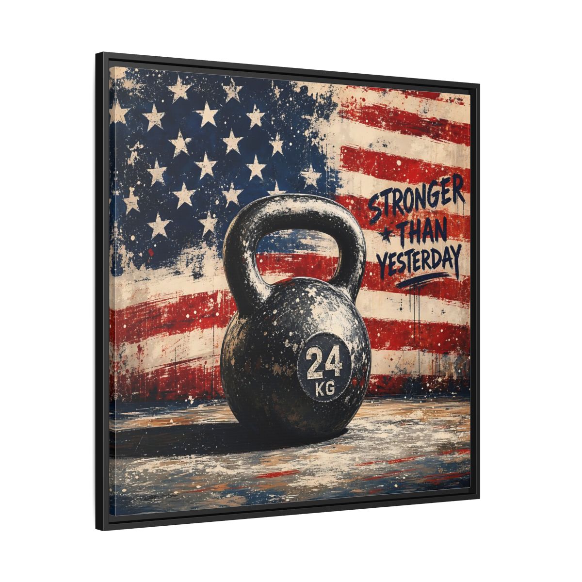 Side Mockup 30. Sports Kettlebell Kettlebell American Flag shown as framed canvas print