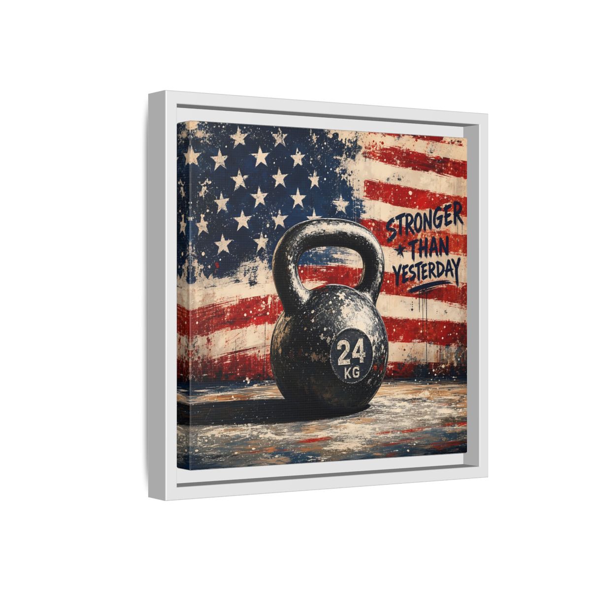 Side Mockup 16. Sports Kettlebell Kettlebell American Flag shown as framed canvas print