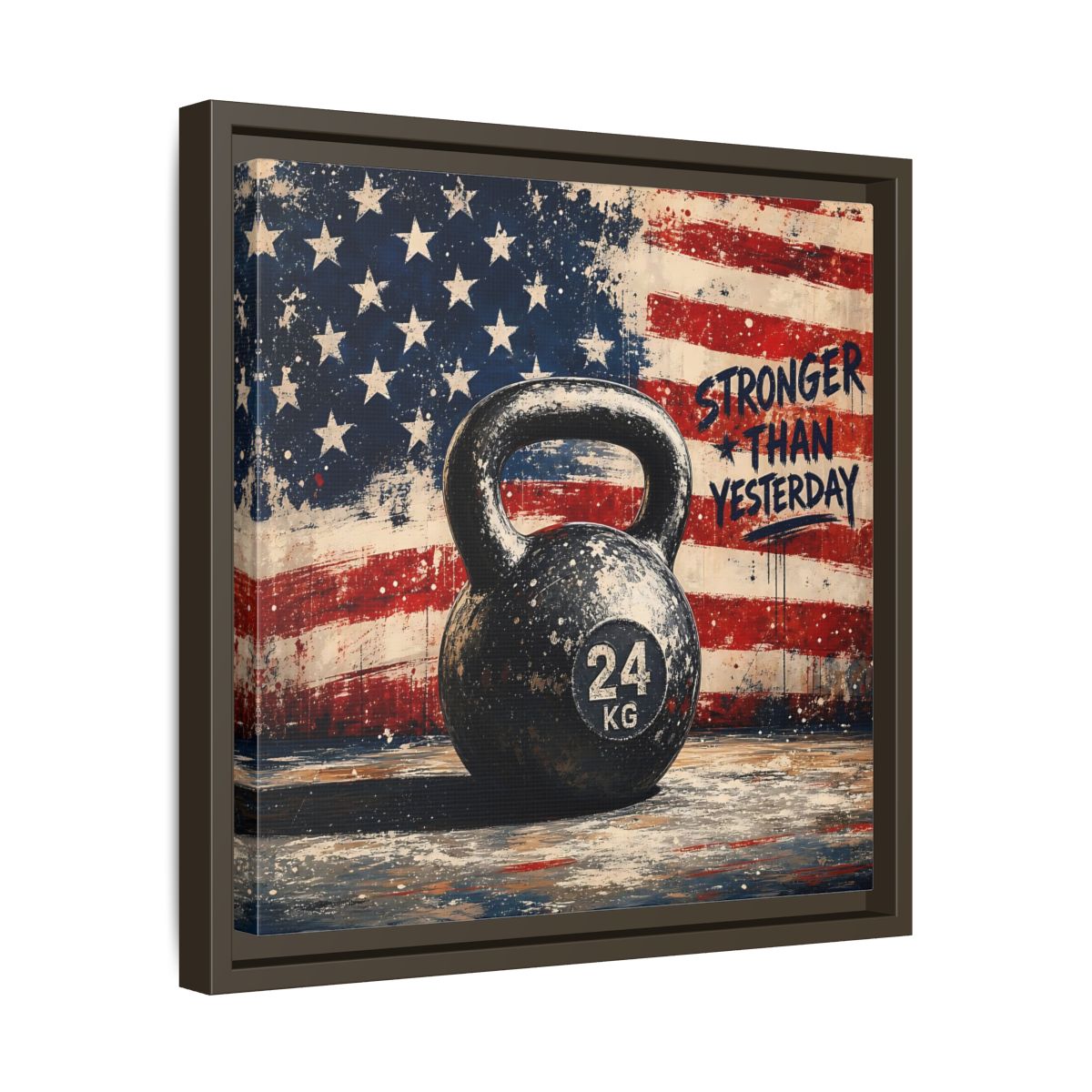 Side Mockup 29. Sports Kettlebell Kettlebell American Flag shown as framed canvas print