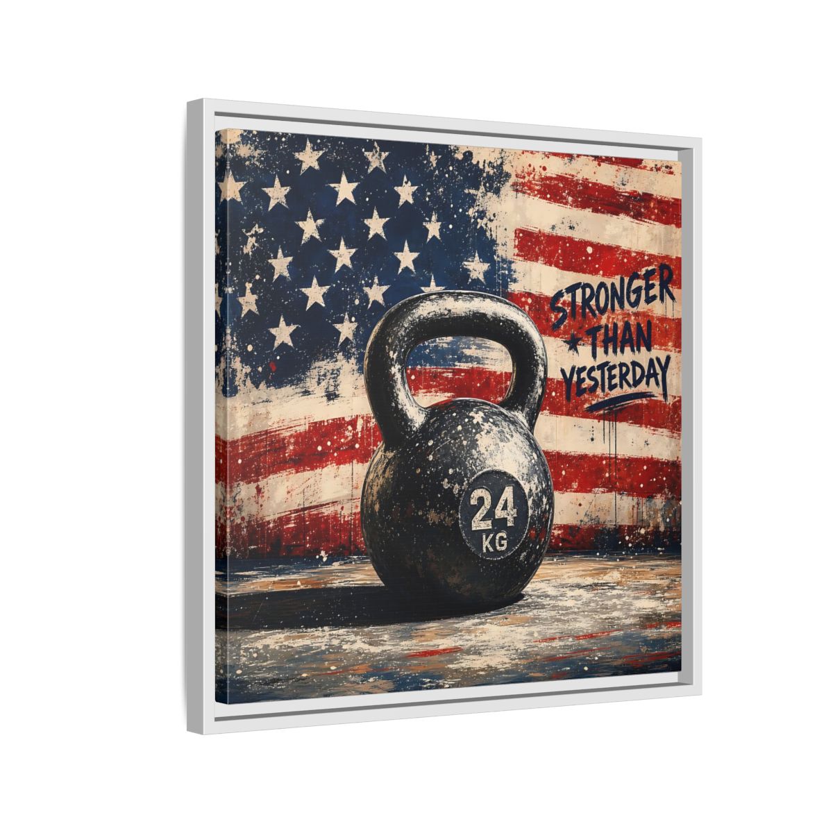 Side Mockup 10. Sports Kettlebell Kettlebell American Flag shown as framed canvas print