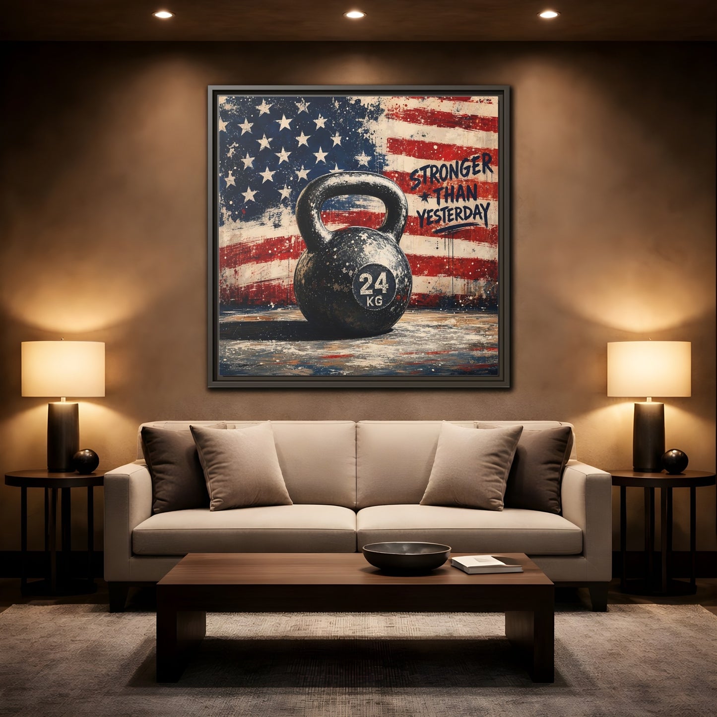 Mockup 2. Sports Kettlebell Kettlebell American Flag shown as framed canvas print