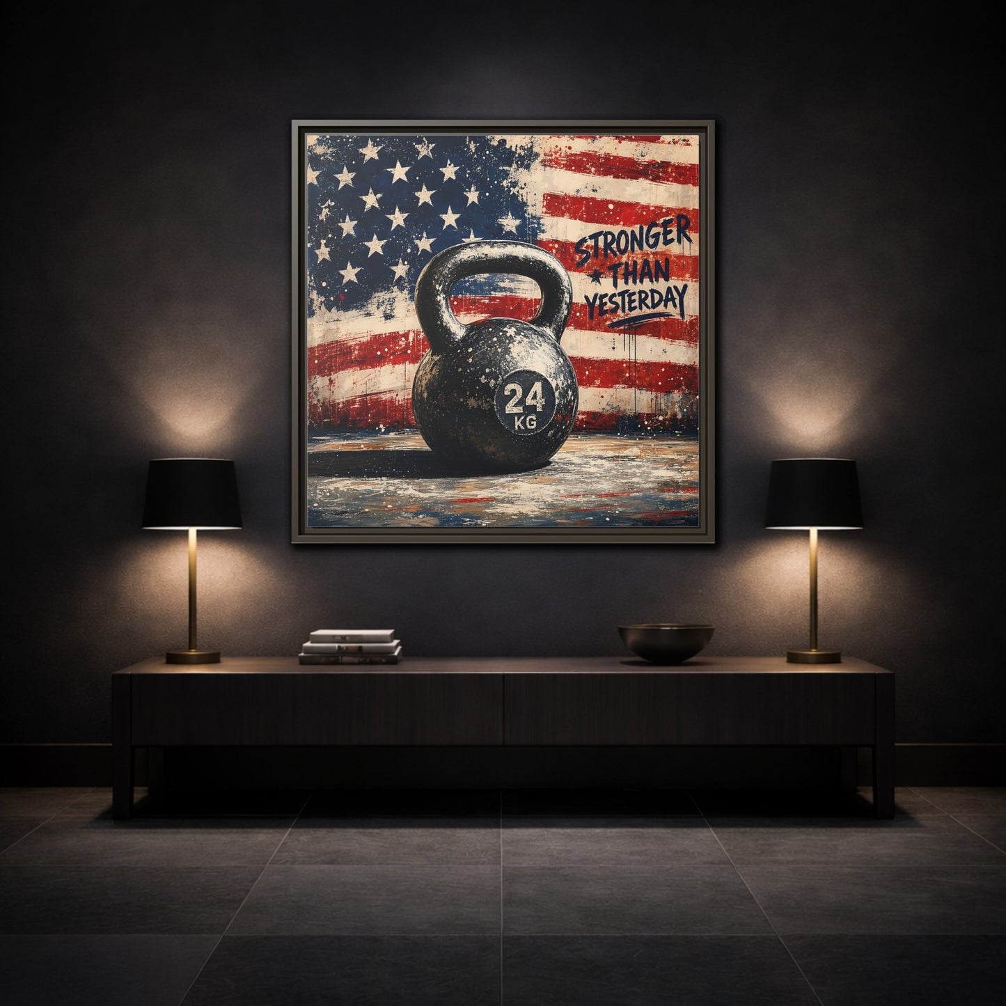 Mockup 3. Sports Kettlebell Kettlebell American Flag shown as framed canvas print