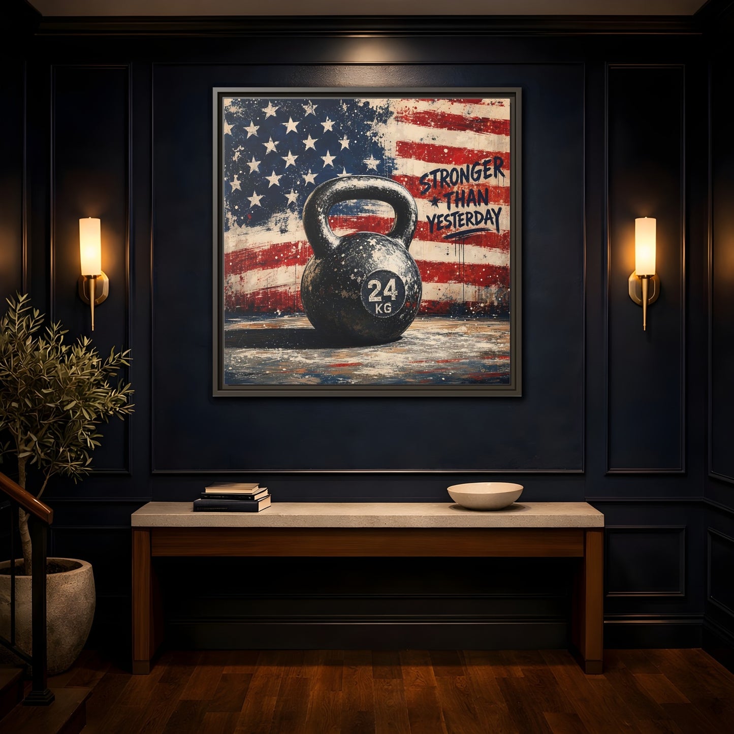 Mockup 4. Sports Kettlebell Kettlebell American Flag shown as framed canvas print