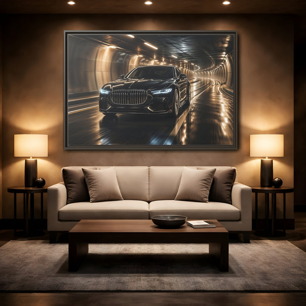 Mockup 2. Sports Luxury Car Black Car Tunnel shown as stretched canvas wall art