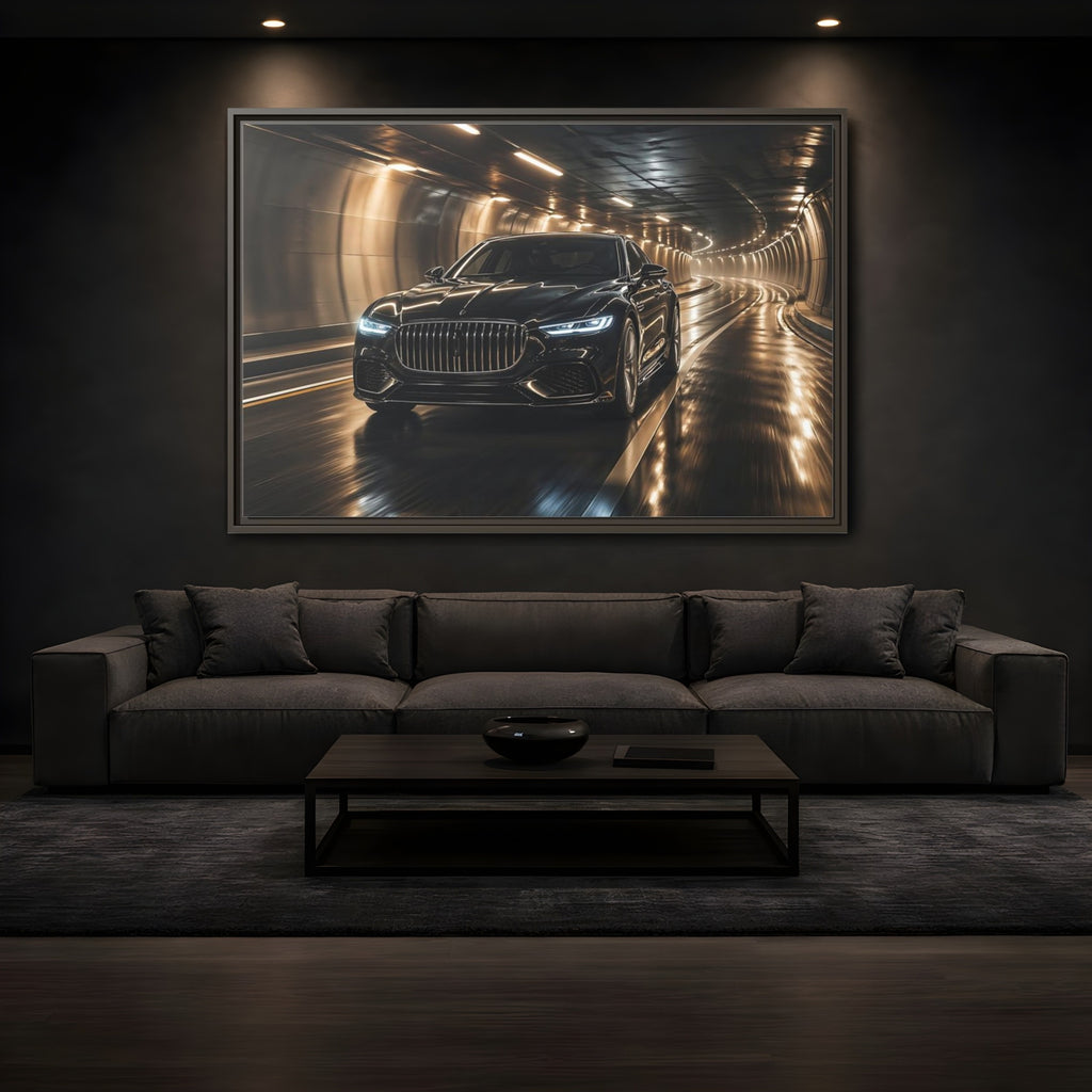 Mockup 3. Sports Luxury Car Black Car Tunnel shown as stretched canvas wall art