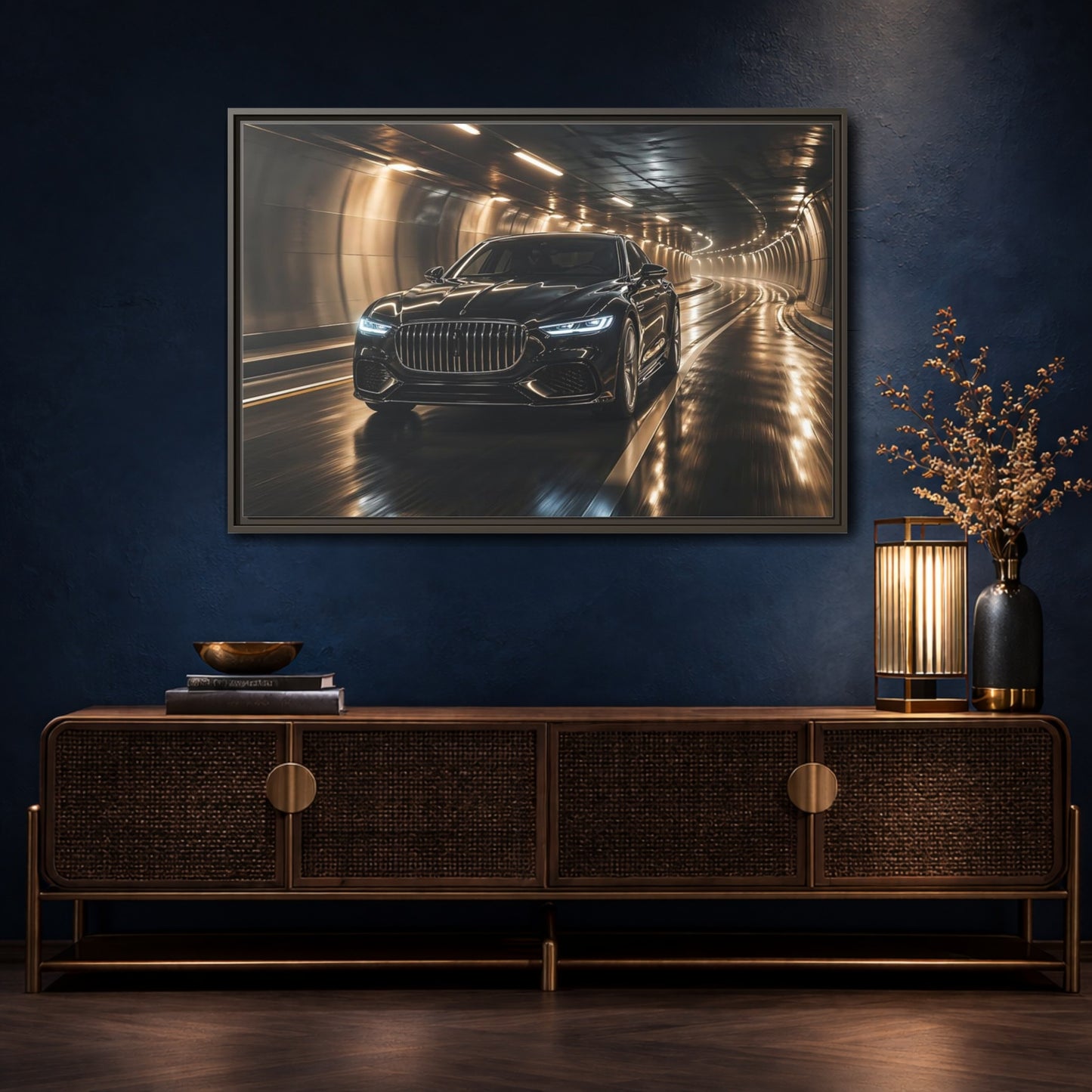 Mockup 4. Sports Luxury Car Black Car Tunnel shown as stretched canvas wall art