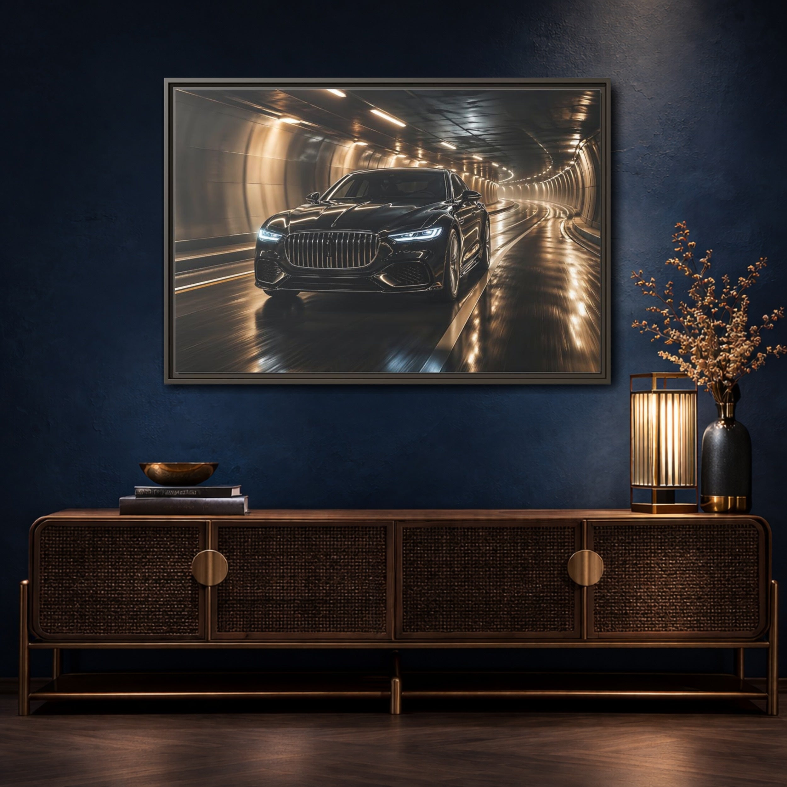 Mockup 4. Sports Luxury Car Black Car Tunnel shown as stretched canvas wall art