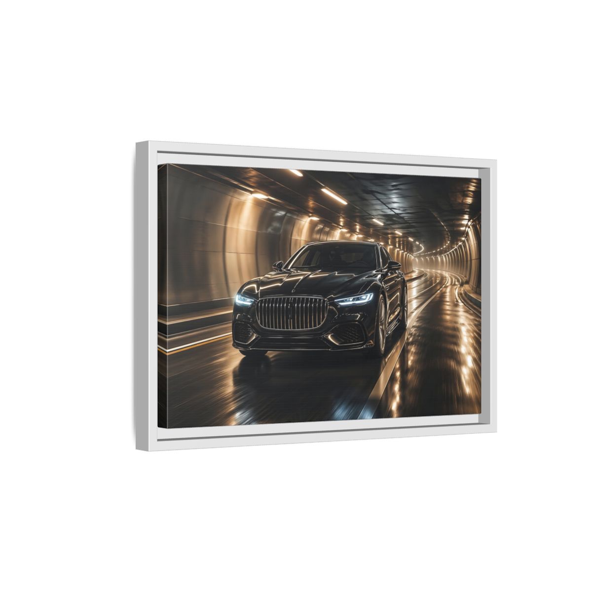 Side Mockup 4. Sports Luxury Car Black Car Tunnel shown as stretched canvas wall art