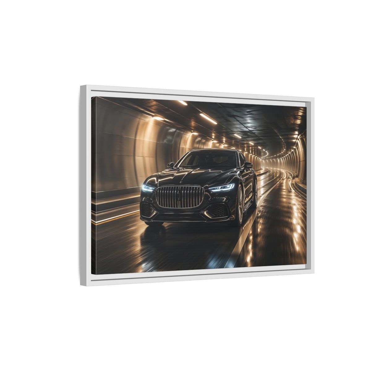 Side Mockup 1. Sports Luxury Car Black Car Tunnel shown as stretched canvas wall art