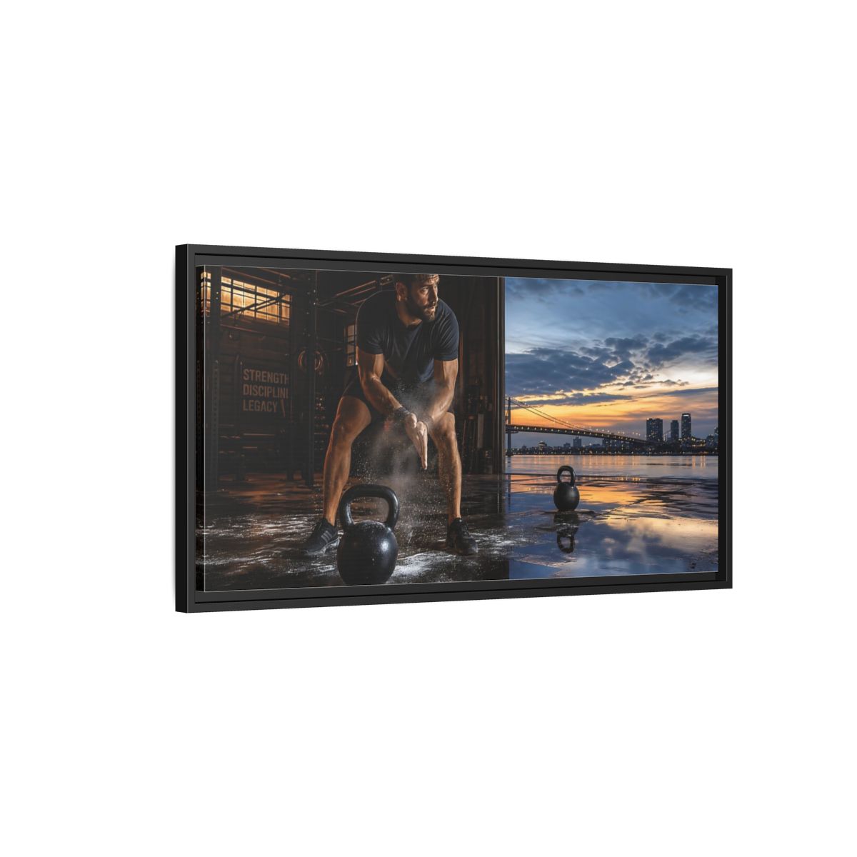 Side Mockup 2. Sports Man, Kettlebell Fitness Sunset shown as framed canvas print