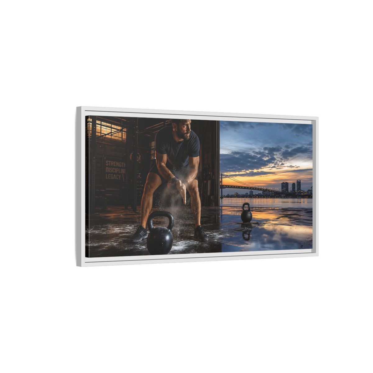 Side Mockup 1. Sports Man, Kettlebell Fitness Sunset shown as framed canvas print