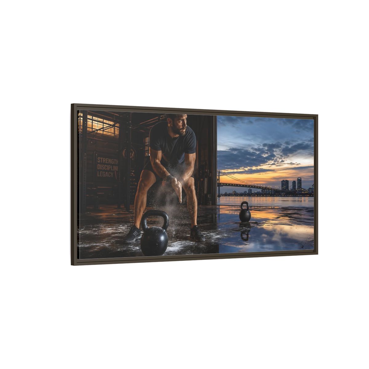 Side Mockup 4. Sports Man, Kettlebell Fitness Sunset shown as framed canvas print