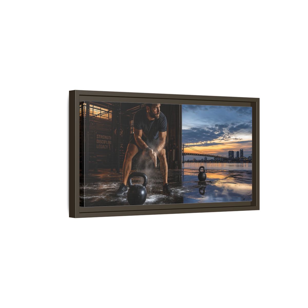 Side Mockup 7. Sports Man, Kettlebell Fitness Sunset shown as framed canvas print