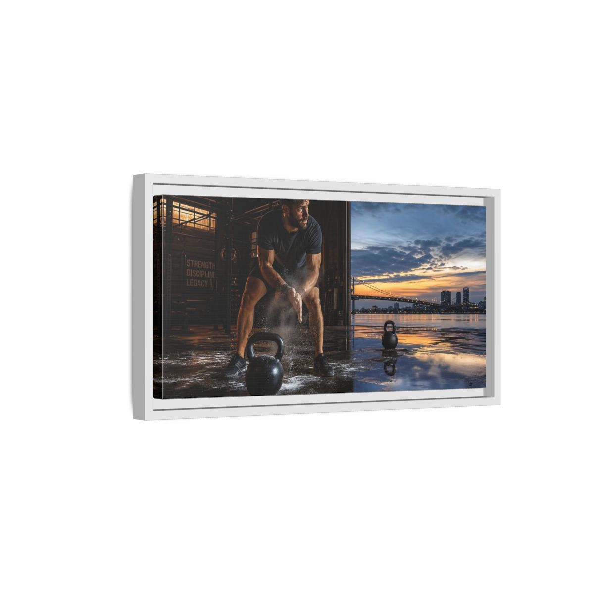 Side Mockup 6. Sports Man, Kettlebell Fitness Sunset shown as framed canvas print
