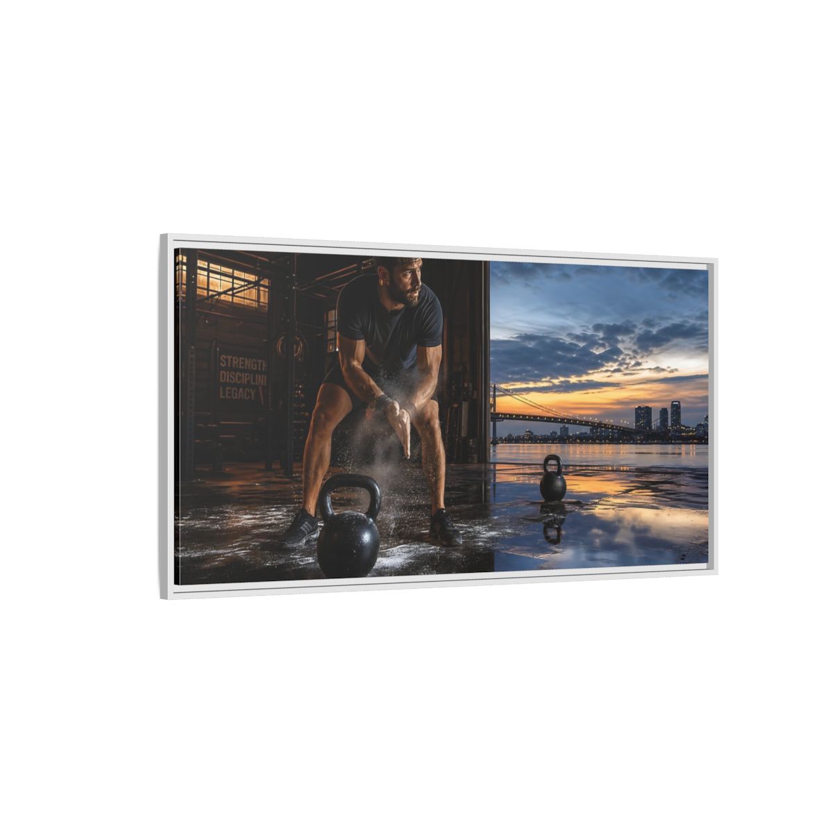Side Mockup 3. Sports Man, Kettlebell Fitness Sunset shown as framed canvas print