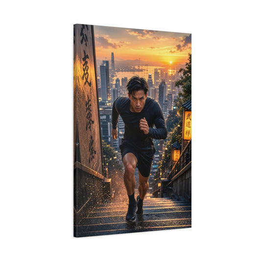 Main Mockup. Sports Man Running Orange Black Run shown as canvas print