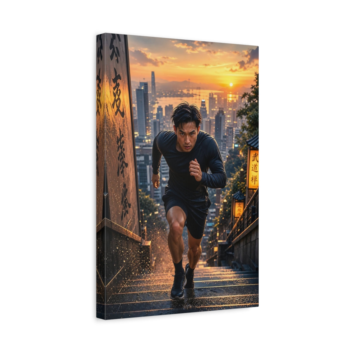 Side Mockup 4. Sports Man Running Orange Black Run shown as canvas print