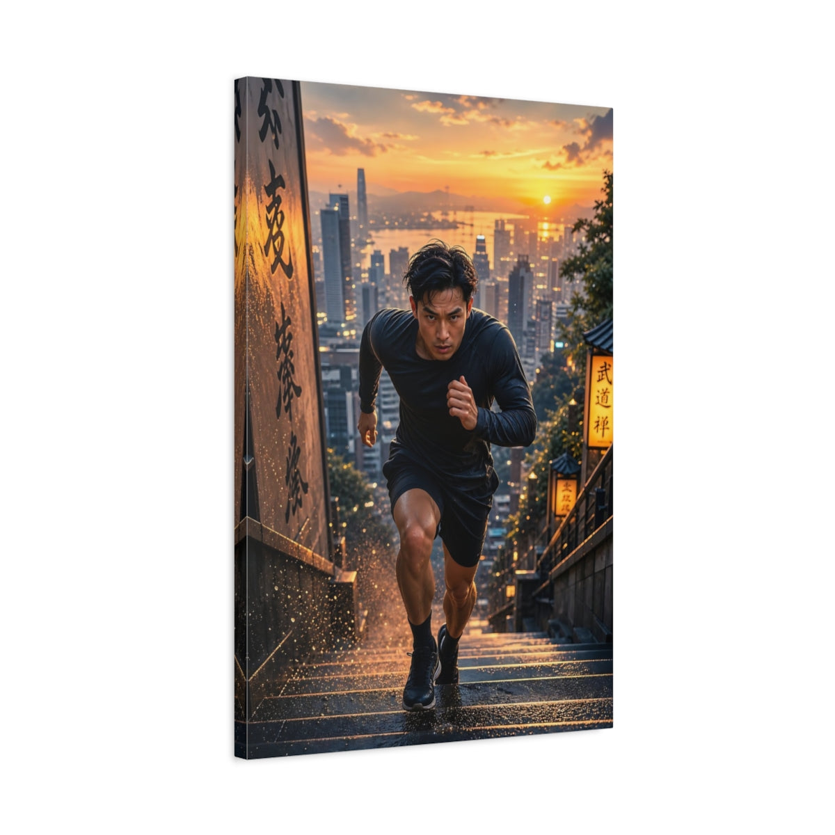 Side Mockup 2. Sports Man Running Orange Black Run shown as canvas print