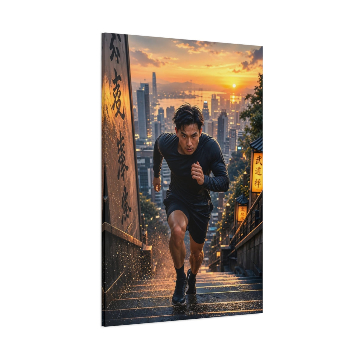 Side Mockup 1. Sports Man Running Orange Black Run shown as canvas print