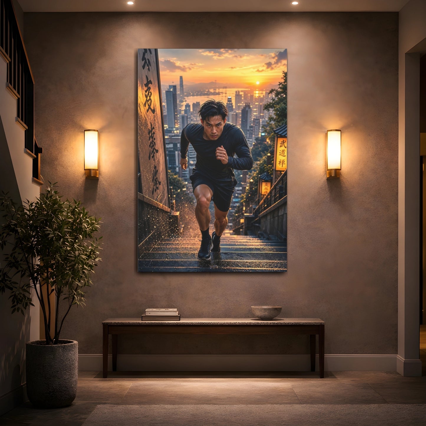 Mockup 2. Sports Man Running Orange Black Run shown as canvas print