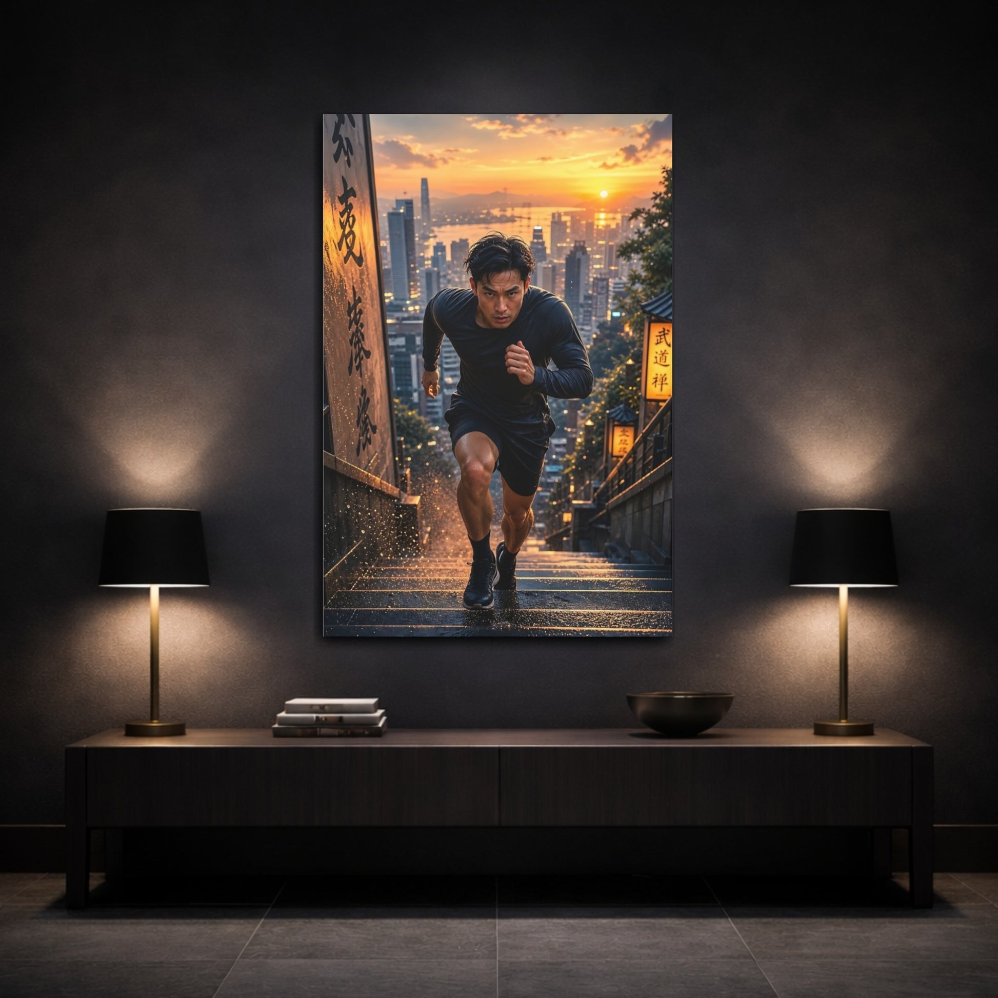 Mockup 3. Sports Man Running Orange Black Run shown as canvas print
