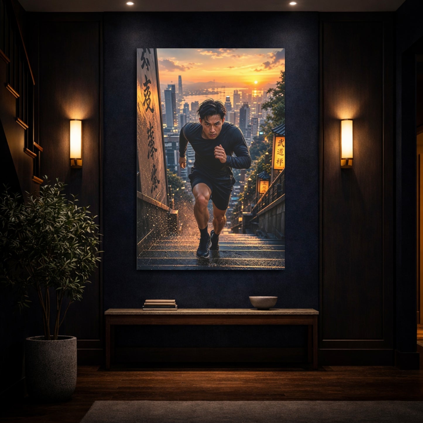 Mockup 4. Sports Man Running Orange Black Run shown as canvas print
