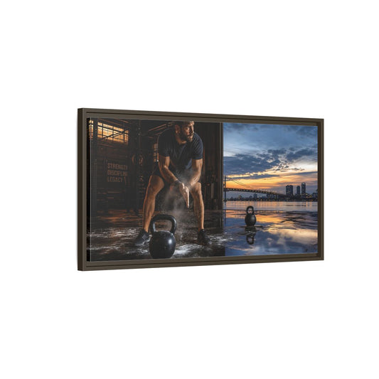 Main Mockup. Sports Man, Kettlebell Fitness Sunset shown as framed canvas print